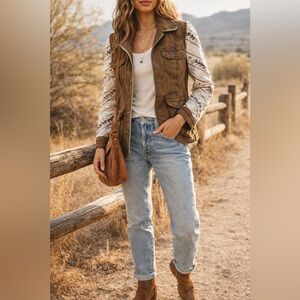 Free People Brown Utility Jacket with Printed Sleeves